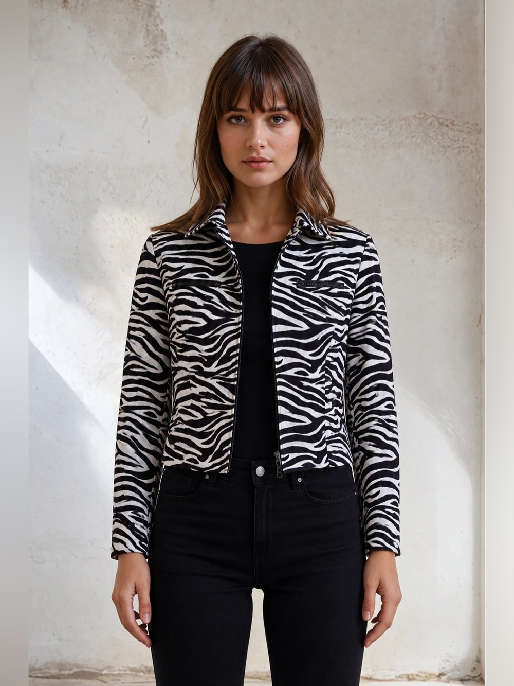 Y2K Nabi Zebra Stripe Lightweight Mock Neck Moto Jacket, size M